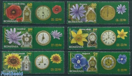 Romania 2013 Flowers & Clocks 6v+tabs, Mint NH, Nature - Flowers & Plants - Art - Clocks - Unused Stamps