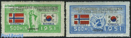 Korea, South 1951 UNO War Support, Norway 2v, Mint NH, History - Nature - Flags - United Nations - Birds - Corea Del Sur