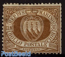 San Marino 1877 30c. Brown Unused Hinged, Unused (hinged) - Nuevos