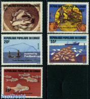 Congo Republic 1984 Fishing 5v, Mint NH, Nature - Transport - Fish - Fishing - Ships And Boats - Vissen
