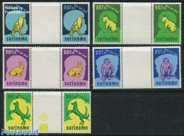 Suriname, Republic 1977 Child Welfare 5v, Gutter Pairs, Mint NH, Nature - Animals (others & Mixed) - Birds - Cats - Dogs - Suriname