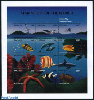 Tanzania 1998 Marine Life 12v M/s, Mint NH, Nature - Birds - Fish - Sea Mammals - Sharks - Peces