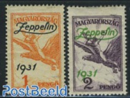 Hungary 1931 Zeppelin Overprints 2v, Mint NH, Nature - Transport - Birds - Zeppelins - Nuevos