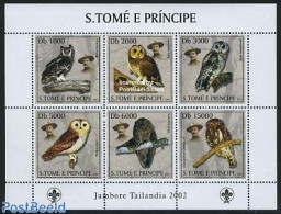 Sao Tome/Principe 2003 Owls 6v M/s, Mint NH, Nature - Sport - Birds - Owls - Scouting - Sao Tomé E Principe