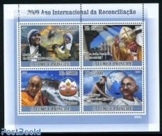 Sao Tome/Principe 2009 Mother Theresa, Pope, Dalai Lama, Gandhi 4v M/s, Mint NH, History - Nature - Religion - Gandhi .. - Mahatma Gandhi