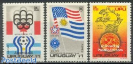 Uruguay 1975 Exfilmo Exposition 3v, Mint NH, History - Sport - Flags - Olympic Games - Philately - U.P.U. - U.P.U.