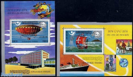 Cambodia 1975 UPU 2 S/s, Mint NH, Transport - U.P.U. - Balloons - Ships And Boats - Space Exploration - U.P.U.