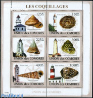 Comoros 2009 Lighthouses & Shells 6v M/s, Mint NH, Nature - Various - Shells & Crustaceans - Lighthouses & Safety At Sea - Mundo Aquatico