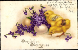 CPA Glückwunsch Ostern, Küken, Eier, Veilchen - Easter