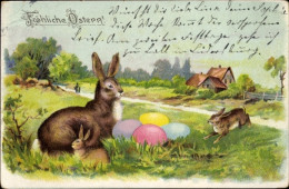 Lithographie Glückwunsch Ostern, Landschaft Mit Ostereiern Und Hasen - Easter