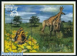 Gambia 1999 Butterfly, Giraffe S/s, Mint NH, Nature - Animals (others & Mixed) - Butterflies - Giraffe - Gambia (...-1964)