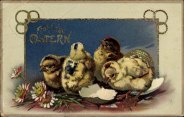 CPA Glückwunsch Ostern, Küken, Blumen - Pâques