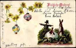 Lithographie Frohe Ostern, Osterhasen, Ostereierschale, Laternen, Gelbe Blüten - Pâques