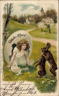 Lithographie Glückwunsch Ostern, Mädchen Im Osterei, Osterhasen - Easter