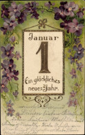 Gaufré Lithographie Glückwunsch Neujahr, Kalender, Veilchen - New Year