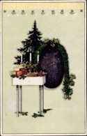 CPA Glückwunsch Weihnachten, Tannenbaum, Stechpalme, Tisch, Kerzen - Sonstige & Ohne Zuordnung