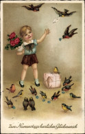 CPA Glückwunsch Namenstag, Kind Füttert Vögel, Blumen - Autres & Non Classés