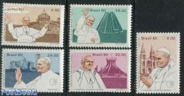 Brazil 1980 Visit Of Pope John Paul II 5v, Mint NH, Religion - Science - Churches, Temples, Mosques, Synagogues - Pope.. - Neufs
