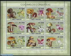 Sao Tome/Principe 2008 Mushrooms & Orchids 9v M/s, Mint NH, Nature - Flowers & Plants - Mushrooms - Orchids - Pilze