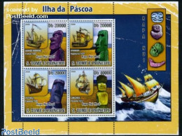Sao Tome/Principe 2008 Easter Island 4v M/s, Mint NH, Transport - Ships And Boats - Art - Sculpture - Ships