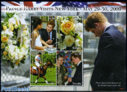 Tuvalu 2009 Prince Harry Visits New York 4v M/s, Mint NH, History - Nature - Kings & Queens (Royalty) - Flowers & Plan.. - Königshäuser, Adel