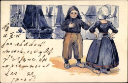 Gaufré Lithographie Kinder In Niederländischer Tracht, Pfeife, Segelboote - Other & Unclassified