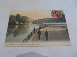 ANNECY ( 74 Haute Savoie ) JARDIN PUBLIC ET ILE DES  CYGNES ANIMEES COLORISER 1908 - Annecy