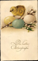 CPA Frohe Ostern, Küken, Ostereier, Weidenkätzchen - Easter