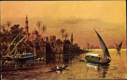 Artiste CPA Perlberg, F., Kairo Ägypten, Abend, Hafen, Boote, Pyramiden - Other & Unclassified