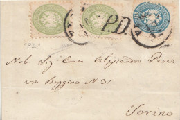 1787 - LOMBARDO VENETO - Involucro In P.D.del 1864 Da Venezia A Torino Con 2 Valori Da 3 Soldi Verde + 10 Soldi Azzurro - Lombardo-Vénétie