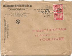 GANDON 15FR ROUGEX2 PERFORE S.R. LETTRE SILBERT ET RIPERT MARSEILLE GARE 1949 TARIF 3EME - 1945-54 Marianne (Gandon)