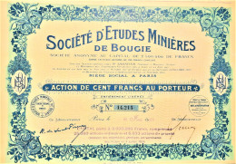 S.A. Société D'études Minières De Bougie - Action De 100 Fr Au Porteur (1924) - Paris - Afrique