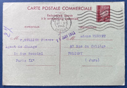 ENTIER CARTE POSTALE COMMERCIALE Pétain 1FR20 Brun Sur Bleu Oblitéré Paris Départ Pour POLIGNY TTB - Standard Postcards & Stamped On Demand (before 1995)