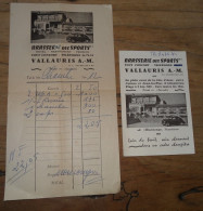 Facture Et Carte De La BRASSERIE Des SPORTS A VALLAURIS ................ CL9-1 - 1900 – 1949