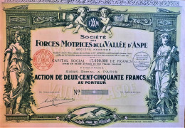Société Force Motrice De Ka Vallée D'Aspe - Action De 250 Francs - 1924 - Paris - DECO ! - Sport