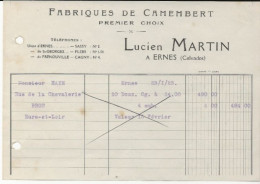 Ernes, Lucien Martin, Facture, Fabrique De Camembert Premier Choix, 1923. - 1900 – 1949