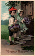 H2497 - Litho Präge Glückwunschkarte Pfingsten - Mädchen Junge Blumen - Pentecostés