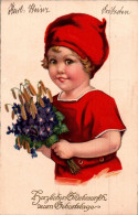 H2515 - Litho Glückwunschkarte - Mädchen Blumen Porträt - Meissner & Buch - Anniversaire