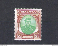1949-55 Malaysian States - Johore - Stanley Gibbons N. 147 - Sultan Sir Ibrahim - 5$ - Green And Brown - MNH** - Autres & Non Classés