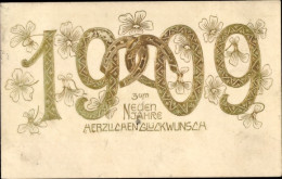 Gaufré CPA Glückwunsch Neujahr 1909, Glücksklee, Hufeisen - New Year