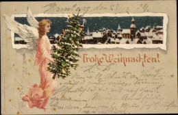 Lithographie Glückwunsch Weihnachten, Engel, Tannenbaum - Sonstige & Ohne Zuordnung