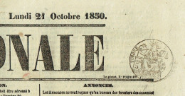75 PARIS Journal L'Assemblée Nationale Du 21/10/1850  Droit Fiscal/postal De Timbre De 5 C SEINE Journal Complet TTB - Kranten
