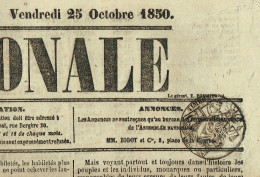 75 PARIS Journal L'Assemblée Nationale Du 25/10/1850  Droit Fiscal/postal De Timbre De 6 C  SEINE Journal Complet TTB - Zeitungsmarken (Streifbänder)