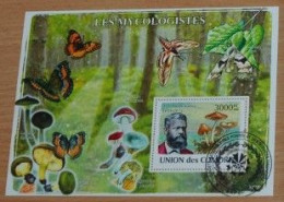 COMORES 2008, Mycologists, Mushrooms, Butterflies, Souvenir Sheet, Used - Mushrooms