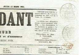 54 MEURTHE ET MOSELLE NANCY Journal Du 08/12/1850  Droit Fiscal/postal De Timbre De 1 C X 2 Journal Complet TTB - 1849-1876: Période Classique