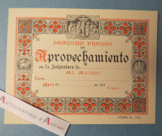 ● Segundo Premio De Aprovechiamiento Remise De Prix Vierge Beau Document Espana Vieux Carton Graveur Stern En Espagnol - Diploma & School Reports
