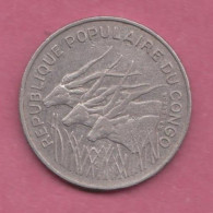 Congo Brazzaville, 1975- 100 Francs- Nickel- Obverse  Three Giant Elands. Reverse Denomination. BB. VF. TTB. SS - - Congo (Republiek 1960)