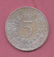 Germany,1956- Mint J - 5 Deutsche Mark- Silver . Obverse Eagle, The Emblem Of Germany. Reverse Nominatio  -SPL-, EF-, SU - 5 Mark