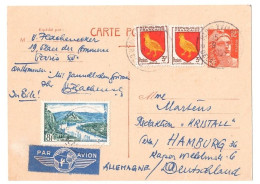 PARIS XV AN 2 R De Langeac Carte Postale Entier 12 F Gandon Orange Compl Yv 1004 977 Dest HAMBOURG Allemagnr Par AVION - Cartes Postales Types Et TSC (avant 1995)