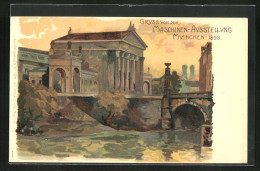 Lithographie München, Maschinen-Ausstellung 1898, Flusspartie Mit Ausstellungsgelände  - Ausstellungen